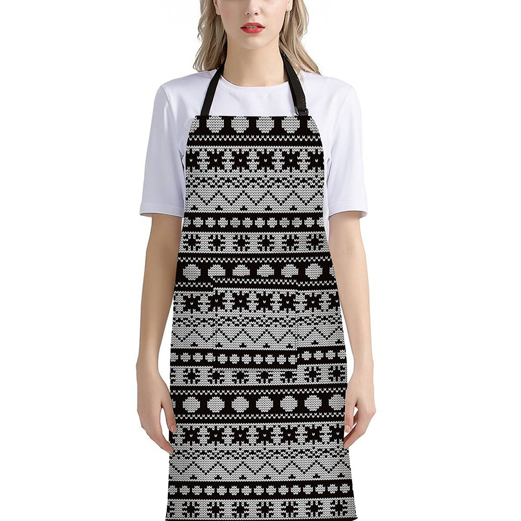 White And Black Knitted Pattern Print Bib Apron With Pocket