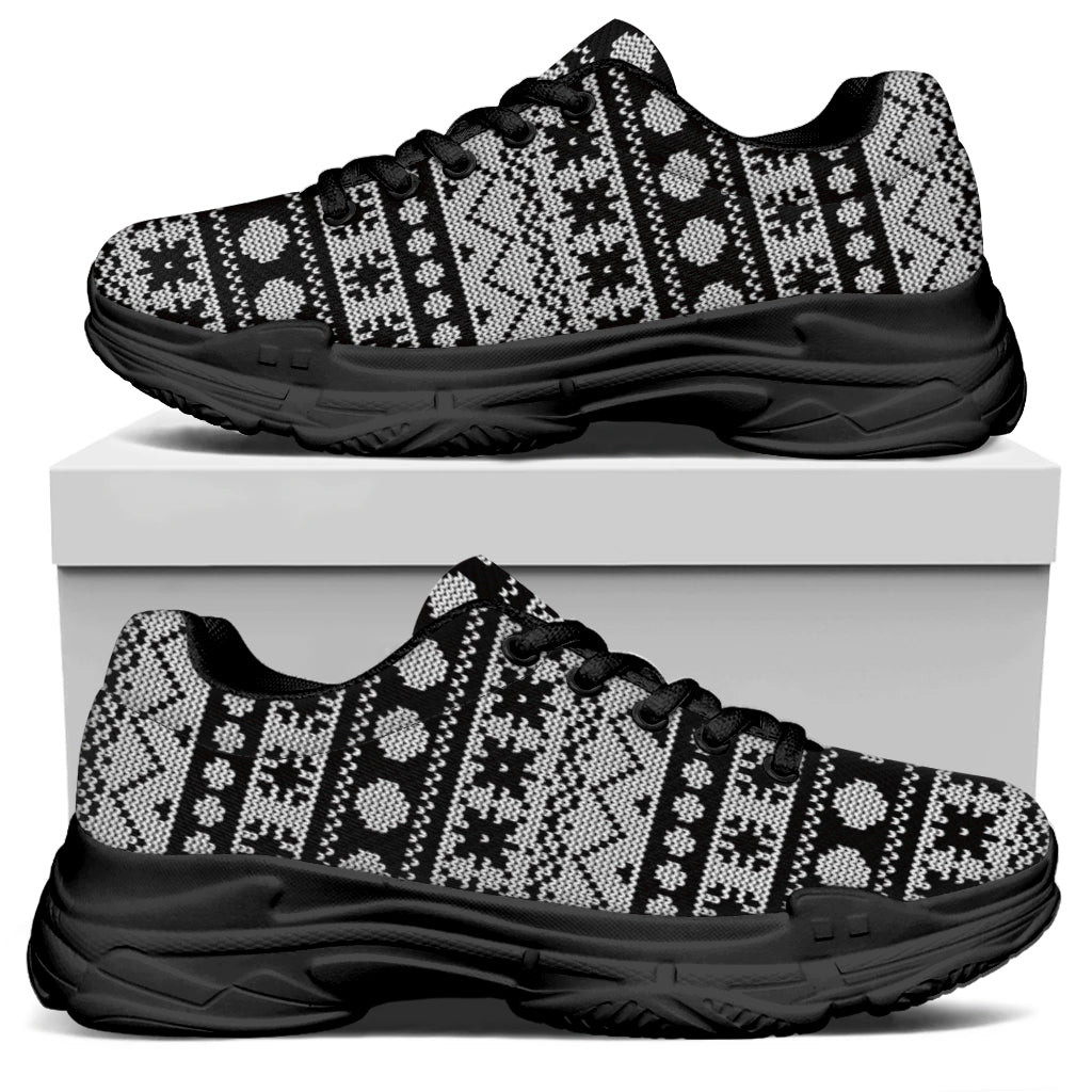 White And Black Knitted Pattern Print Black Chunky Shoes