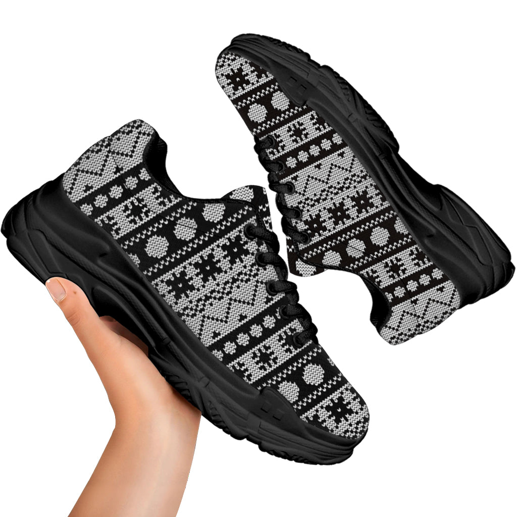 White And Black Knitted Pattern Print Black Chunky Shoes