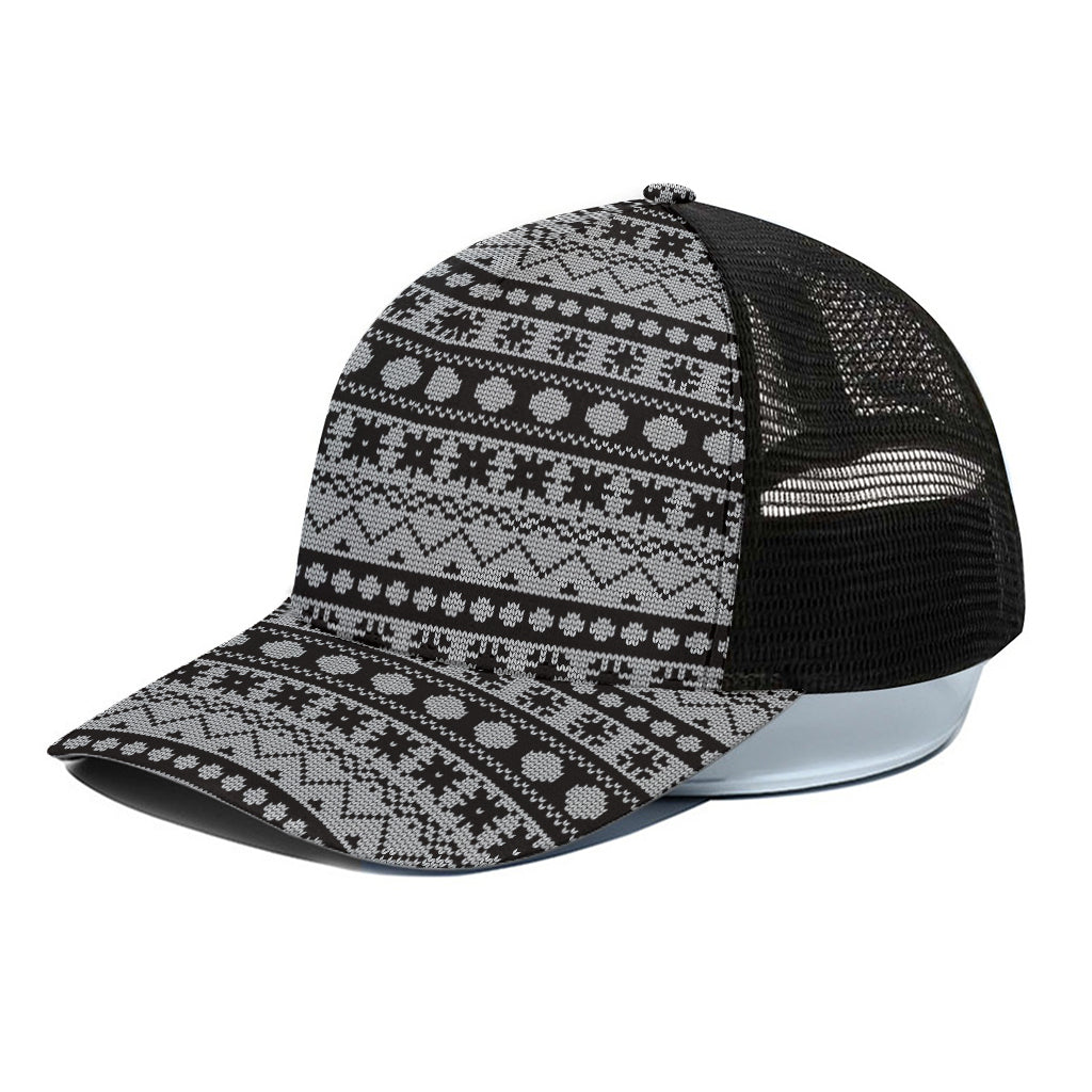 White And Black Knitted Pattern Print Black Mesh Trucker Cap
