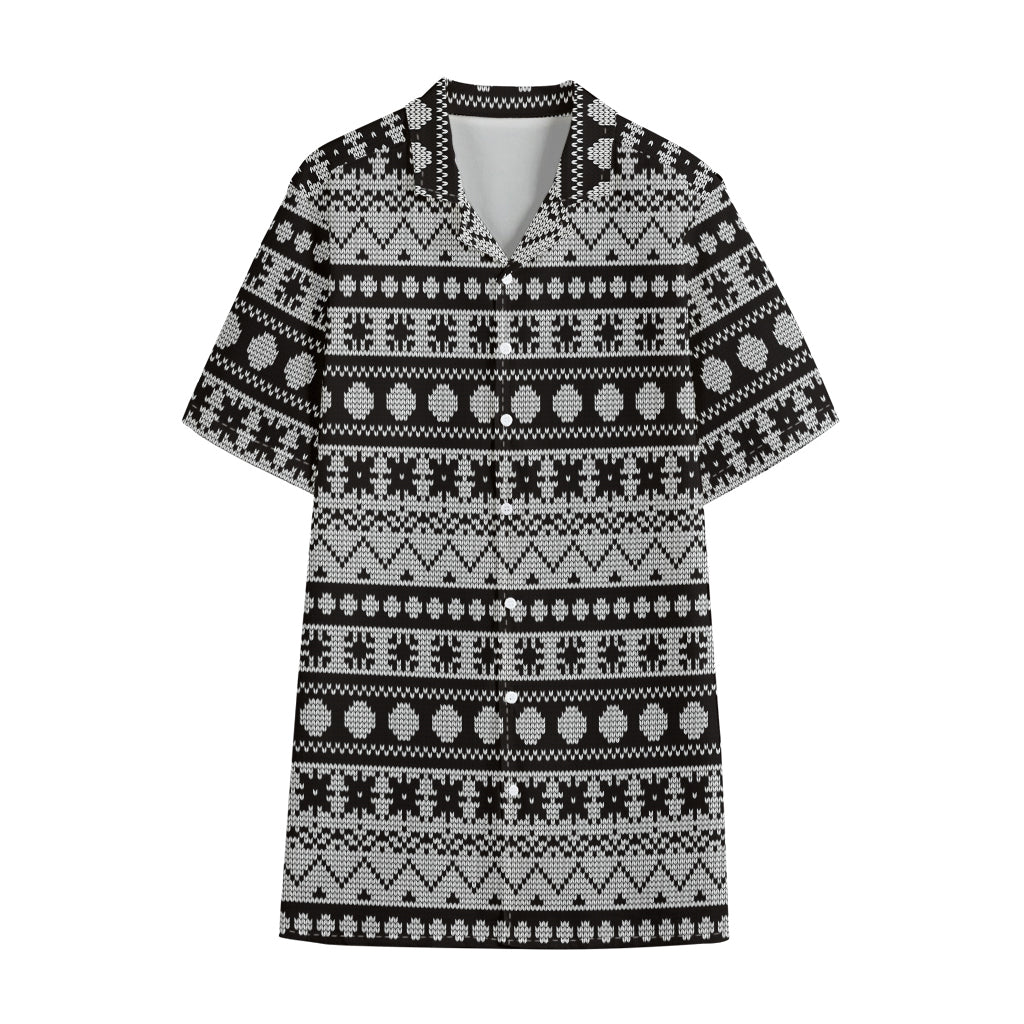 White And Black Knitted Pattern Print Cotton Hawaiian Shirt