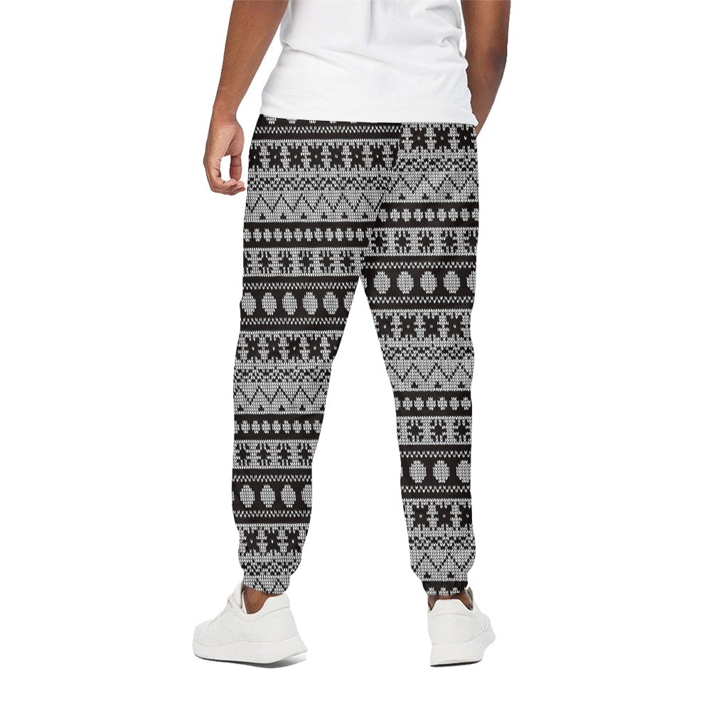 White And Black Knitted Pattern Print Cotton Pants