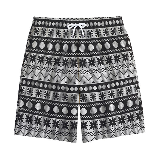 White And Black Knitted Pattern Print Cotton Shorts