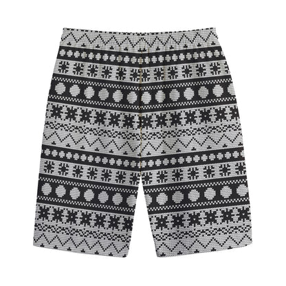 White And Black Knitted Pattern Print Cotton Shorts