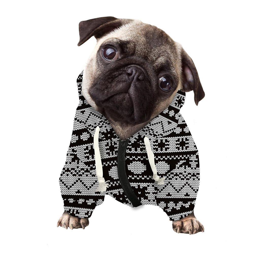 White And Black Knitted Pattern Print Dog Zip Up Hoodie