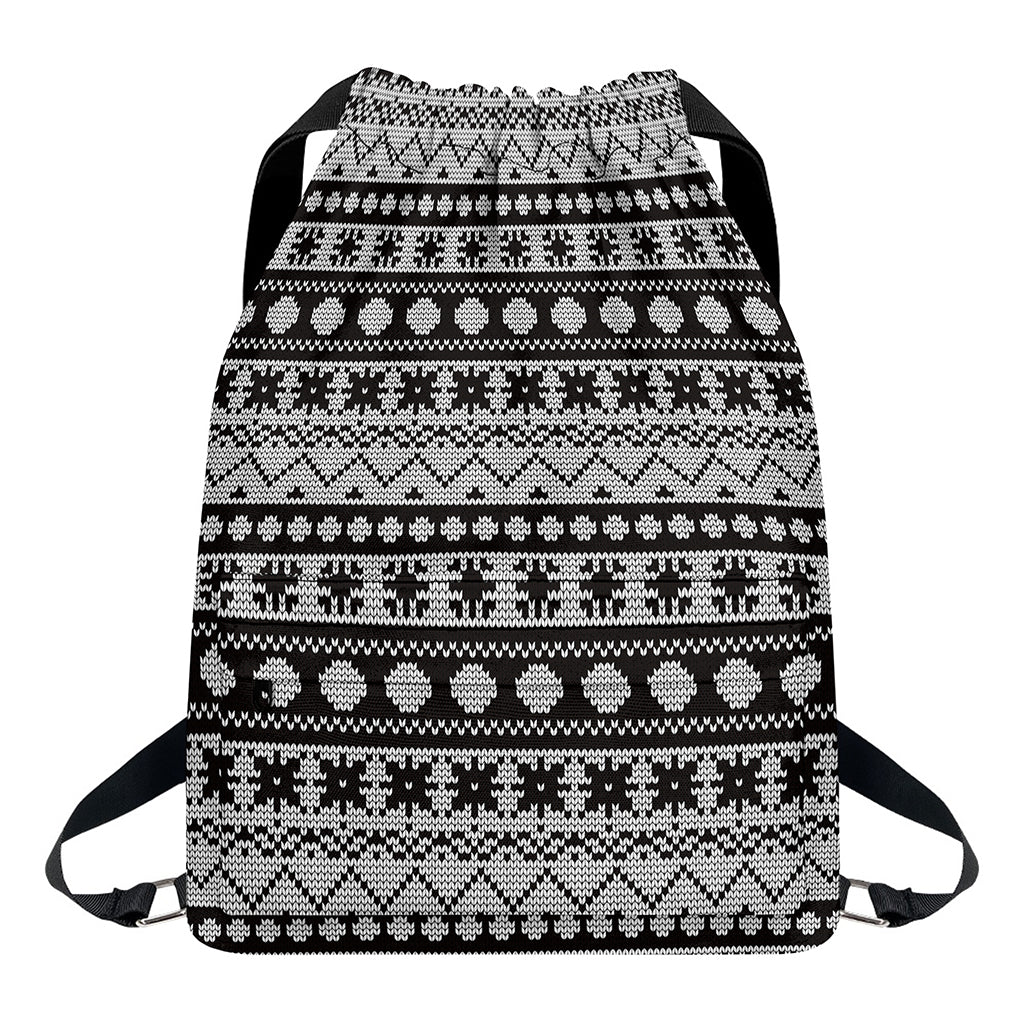 White And Black Knitted Pattern Print Drawstring Backpack