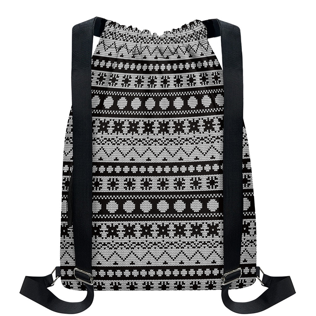 White And Black Knitted Pattern Print Drawstring Backpack