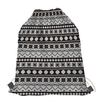 White And Black Knitted Pattern Print Drawstring Bag