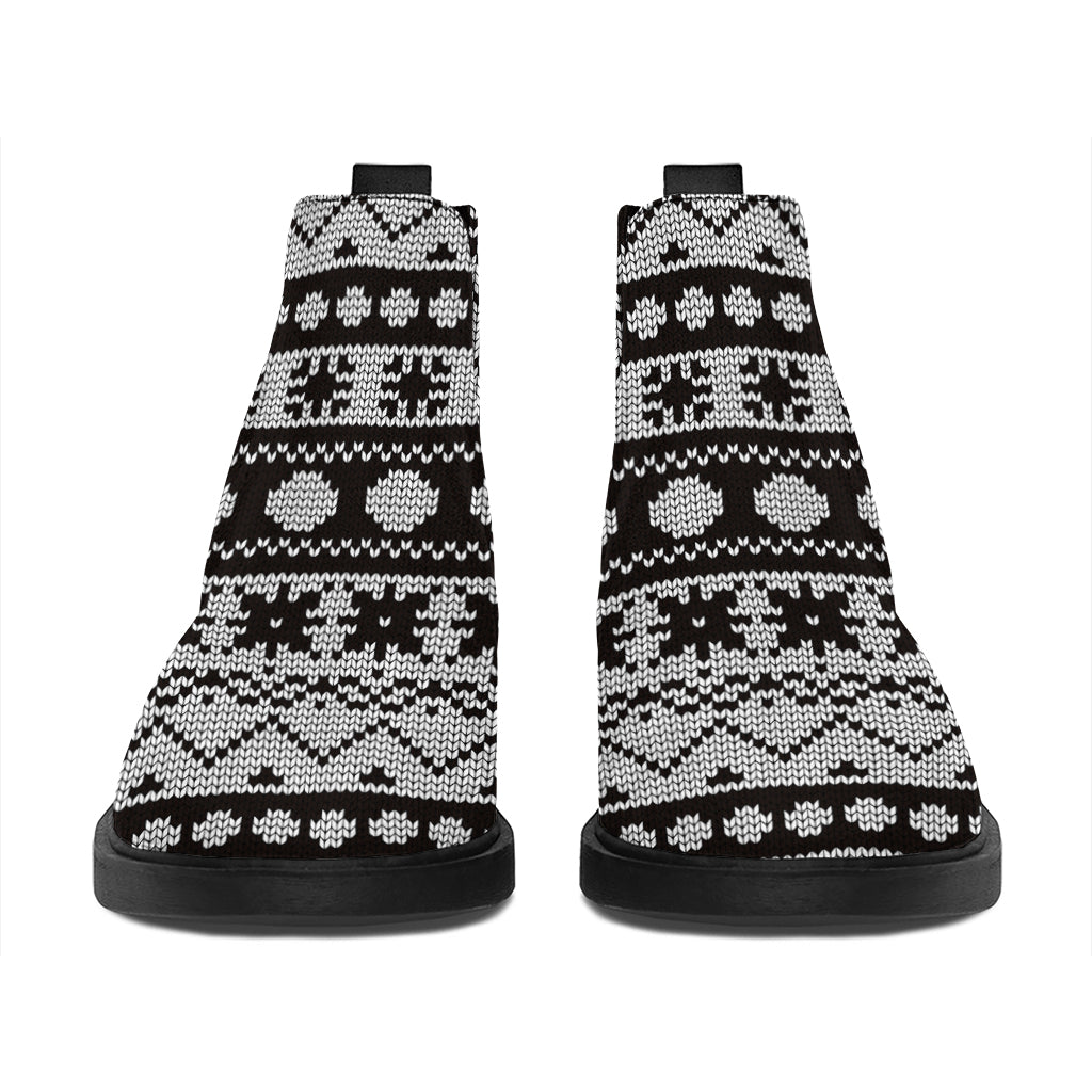 White And Black Knitted Pattern Print Flat Ankle Boots