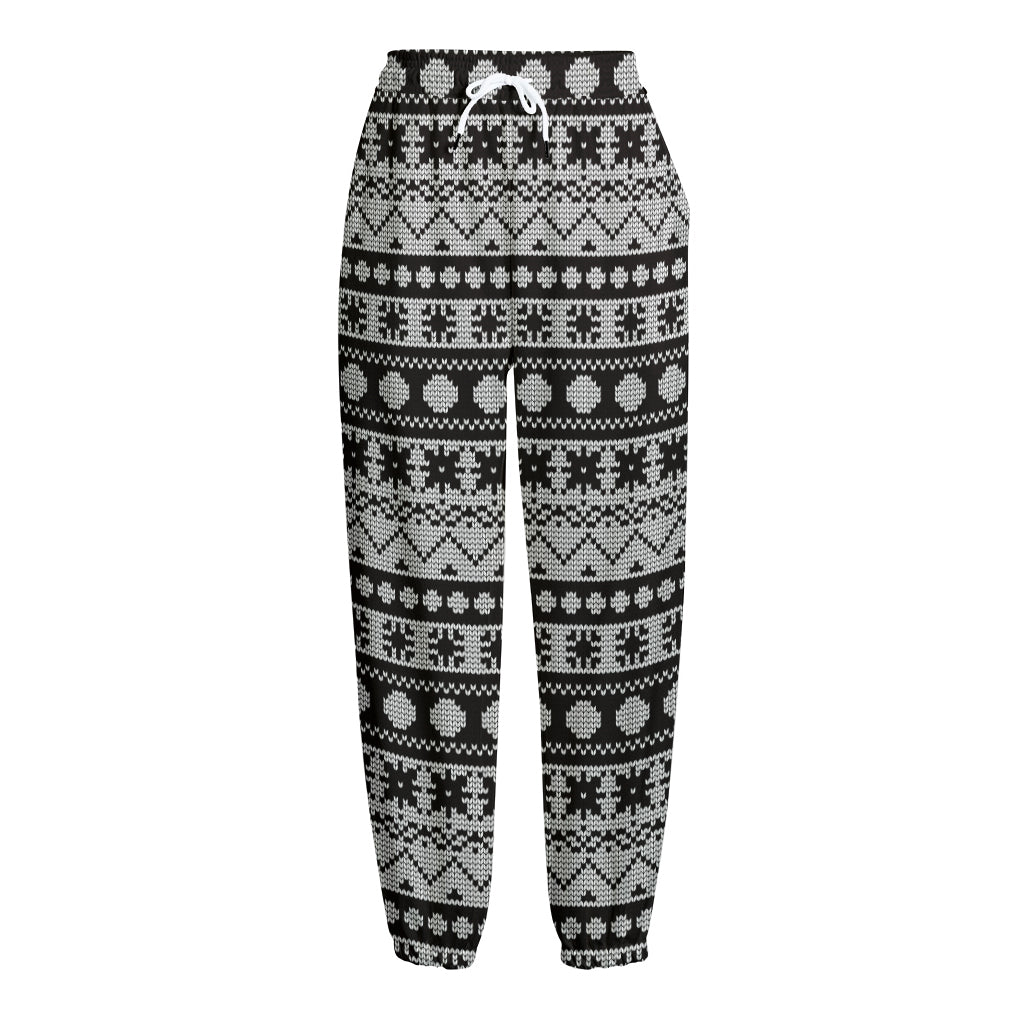 White And Black Knitted Pattern Print Fleece Lined Knit Pants