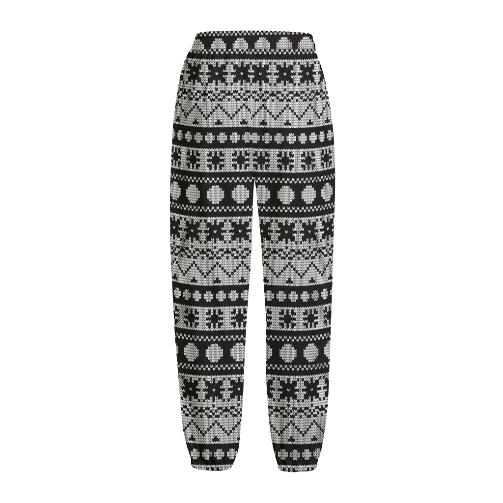 White And Black Knitted Pattern Print Fleece Lined Knit Pants