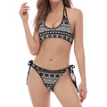 White And Black Knitted Pattern Print Halter Scoop Tie Side Bikini