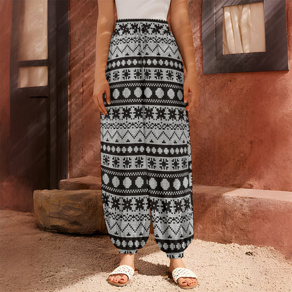 White And Black Knitted Pattern Print Harem Pants