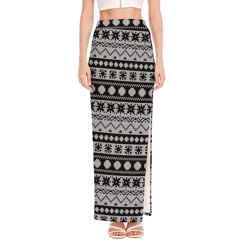 White And Black Knitted Pattern Print High Slit Maxi Skirt