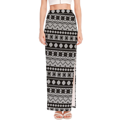 White And Black Knitted Pattern Print High Slit Maxi Skirt