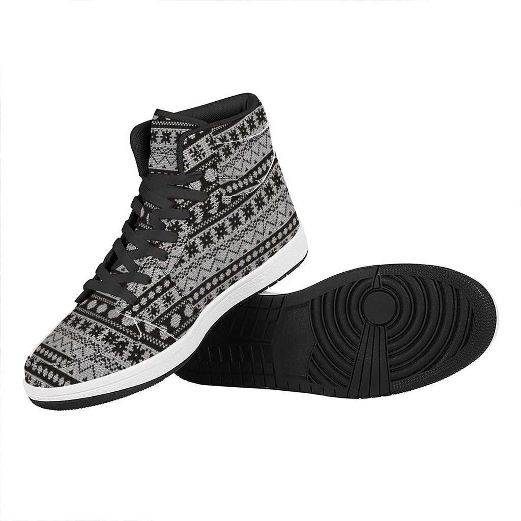 White And Black Knitted Pattern Print High Top Leather Sneakers