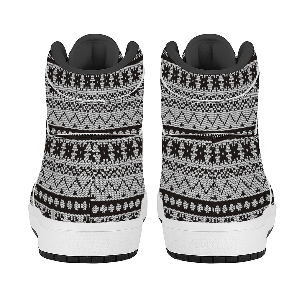 White And Black Knitted Pattern Print High Top Leather Sneakers