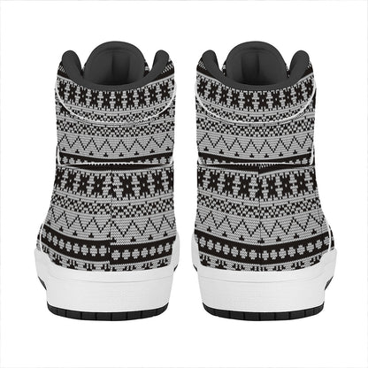 White And Black Knitted Pattern Print High Top Leather Sneakers