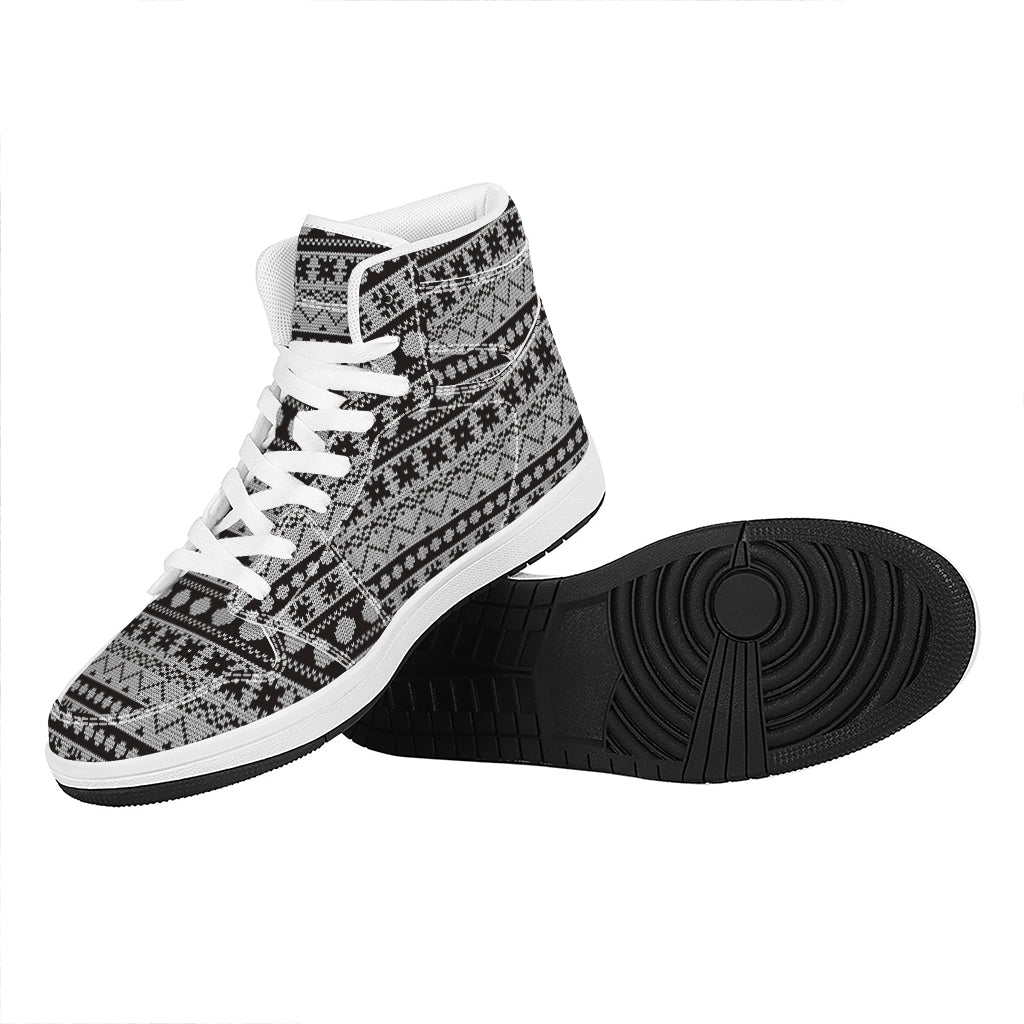 White And Black Knitted Pattern Print High Top Leather Sneakers