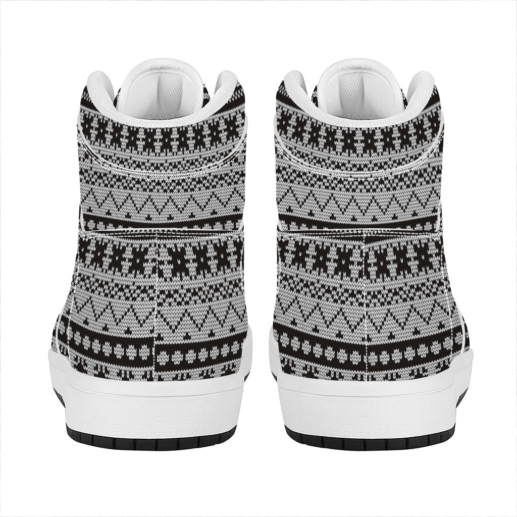 White And Black Knitted Pattern Print High Top Leather Sneakers