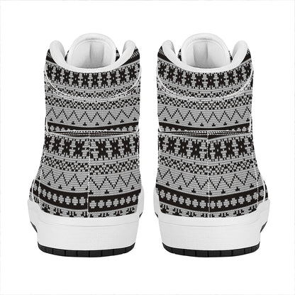 White And Black Knitted Pattern Print High Top Leather Sneakers