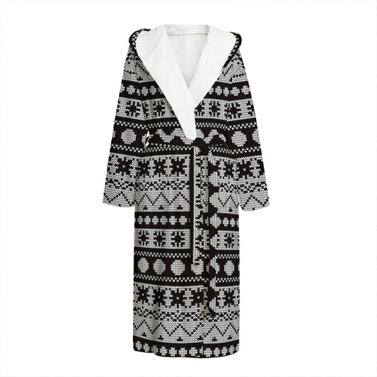 White And Black Knitted Pattern Print Hooded Bathrobe