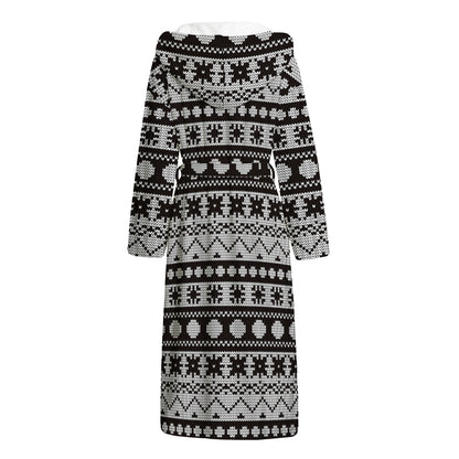 White And Black Knitted Pattern Print Hooded Bathrobe