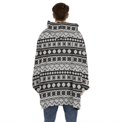 White And Black Knitted Pattern Print Hoodie Blanket