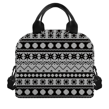 White And Black Knitted Pattern Print Insulated Lunch Bag