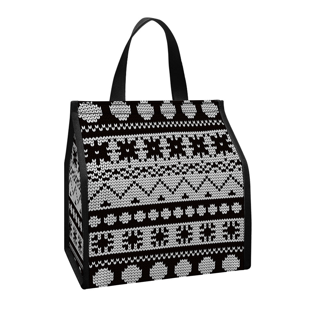 White And Black Knitted Pattern Print Insulated Lunch Tote