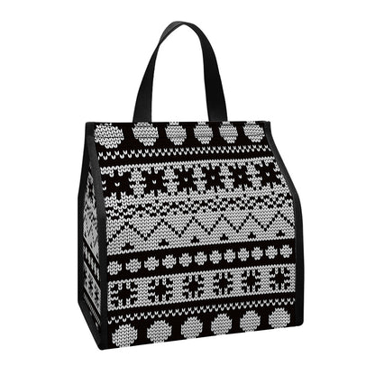 White And Black Knitted Pattern Print Insulated Lunch Tote