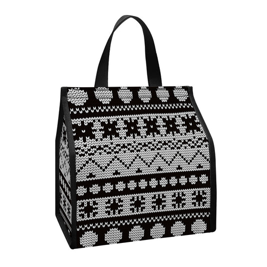 White And Black Knitted Pattern Print Insulated Lunch Tote