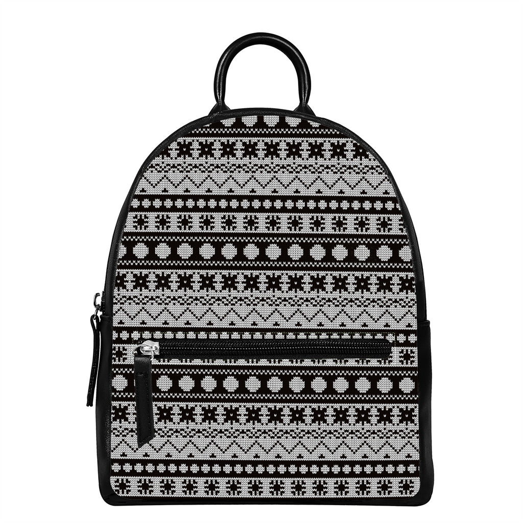 White And Black Knitted Pattern Print Leather Backpack