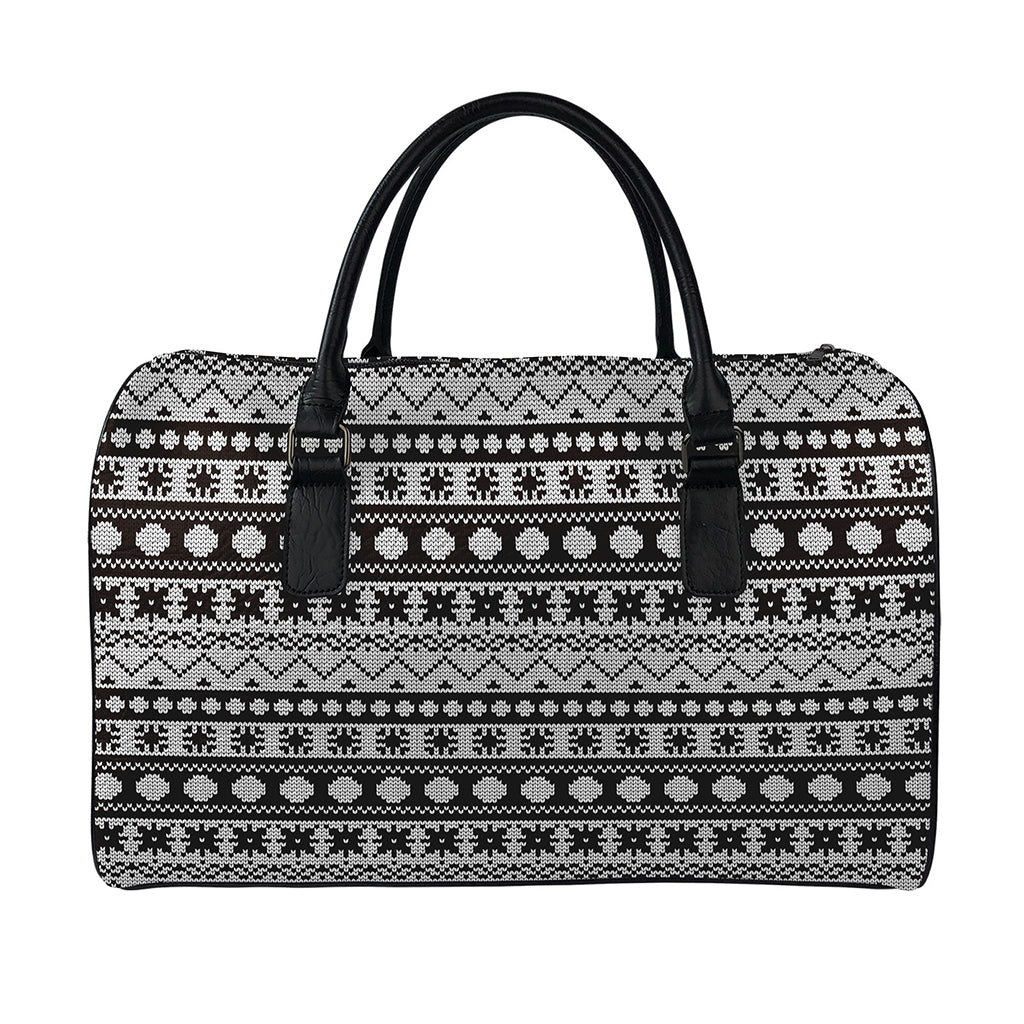 White And Black Knitted Pattern Print Leather Duffle Bag