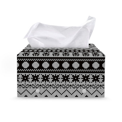 White And Black Knitted Pattern Print Leather Tissue Box Cover