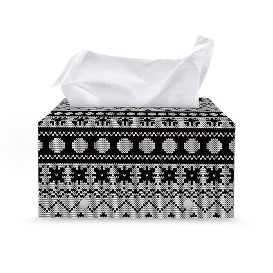 White And Black Knitted Pattern Print Leather Tissue Box Cover