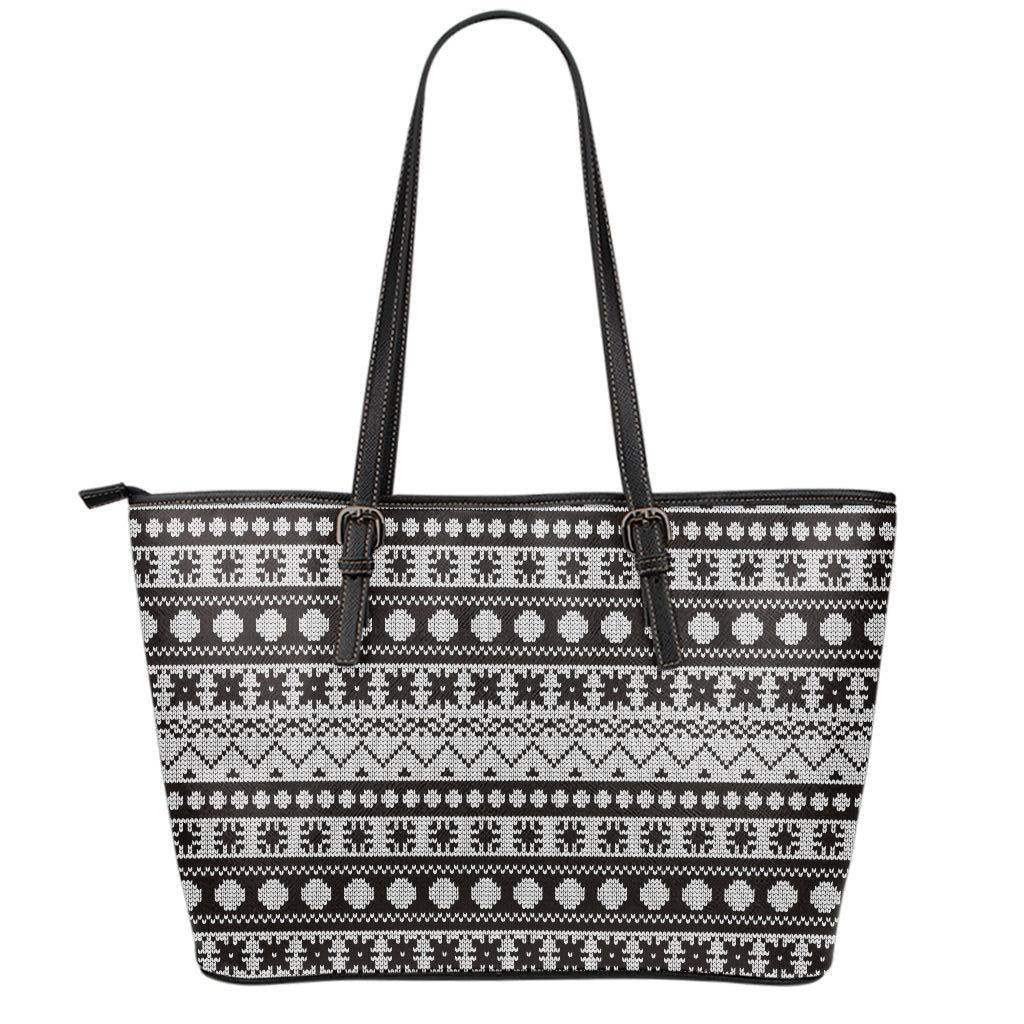 White And Black Knitted Pattern Print Leather Tote Bag