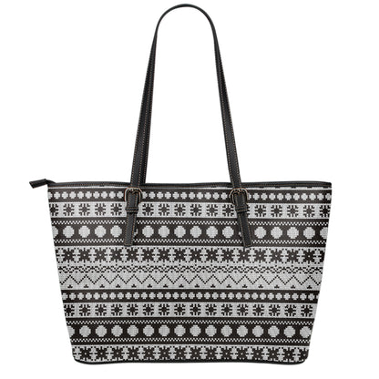 White And Black Knitted Pattern Print Leather Tote Bag
