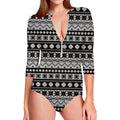 White And Black Knitted Pattern Print Long Sleeve Swimsuit