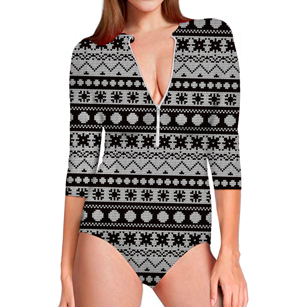 White And Black Knitted Pattern Print Long Sleeve Swimsuit