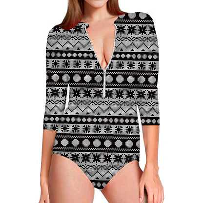 White And Black Knitted Pattern Print Long Sleeve Swimsuit