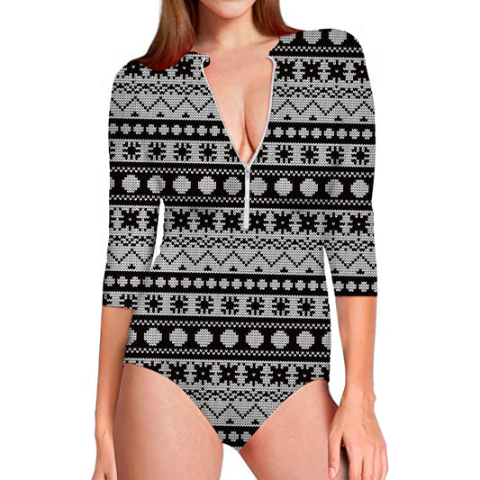 White And Black Knitted Pattern Print Long Sleeve Swimsuit