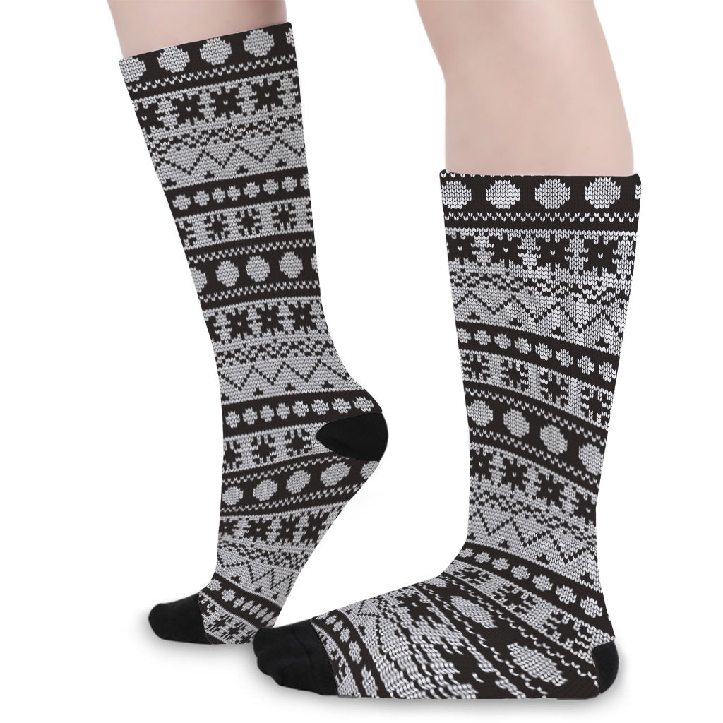 White And Black Knitted Pattern Print Long Socks