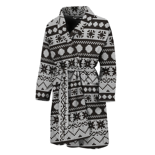 White And Black Knitted Pattern Print Men's Bathrobe