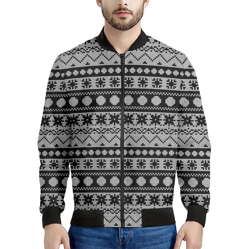 White And Black Knitted Pattern Print Men's Bomber Jacket