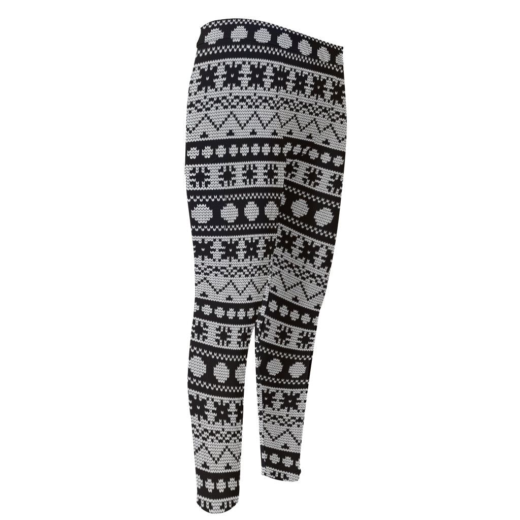 White And Black Knitted Pattern Print Men's Compression Pants