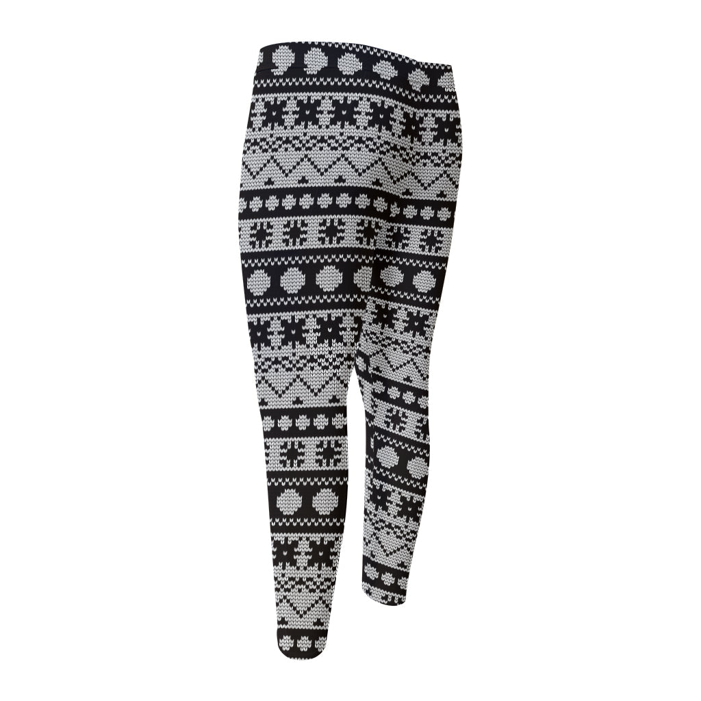White And Black Knitted Pattern Print Men's Compression Pants
