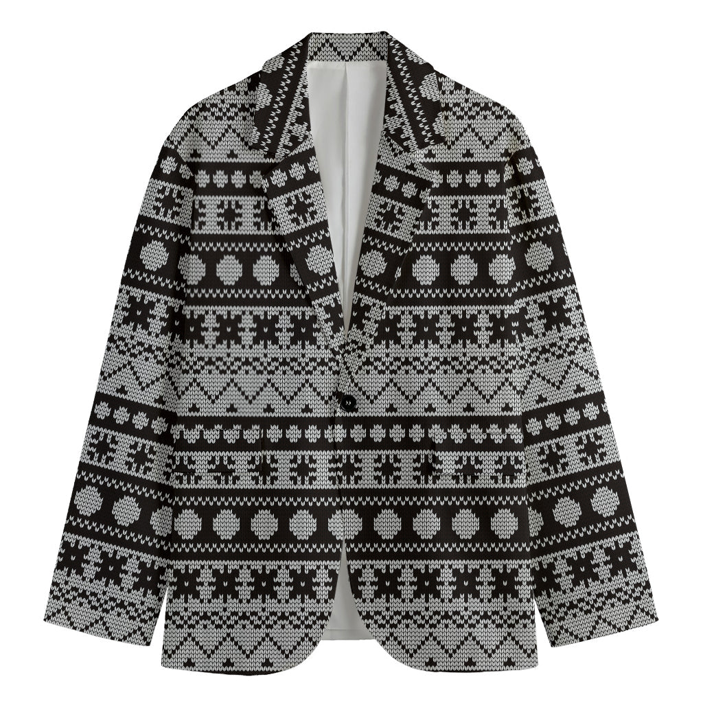 White And Black Knitted Pattern Print Men's Cotton Blazer