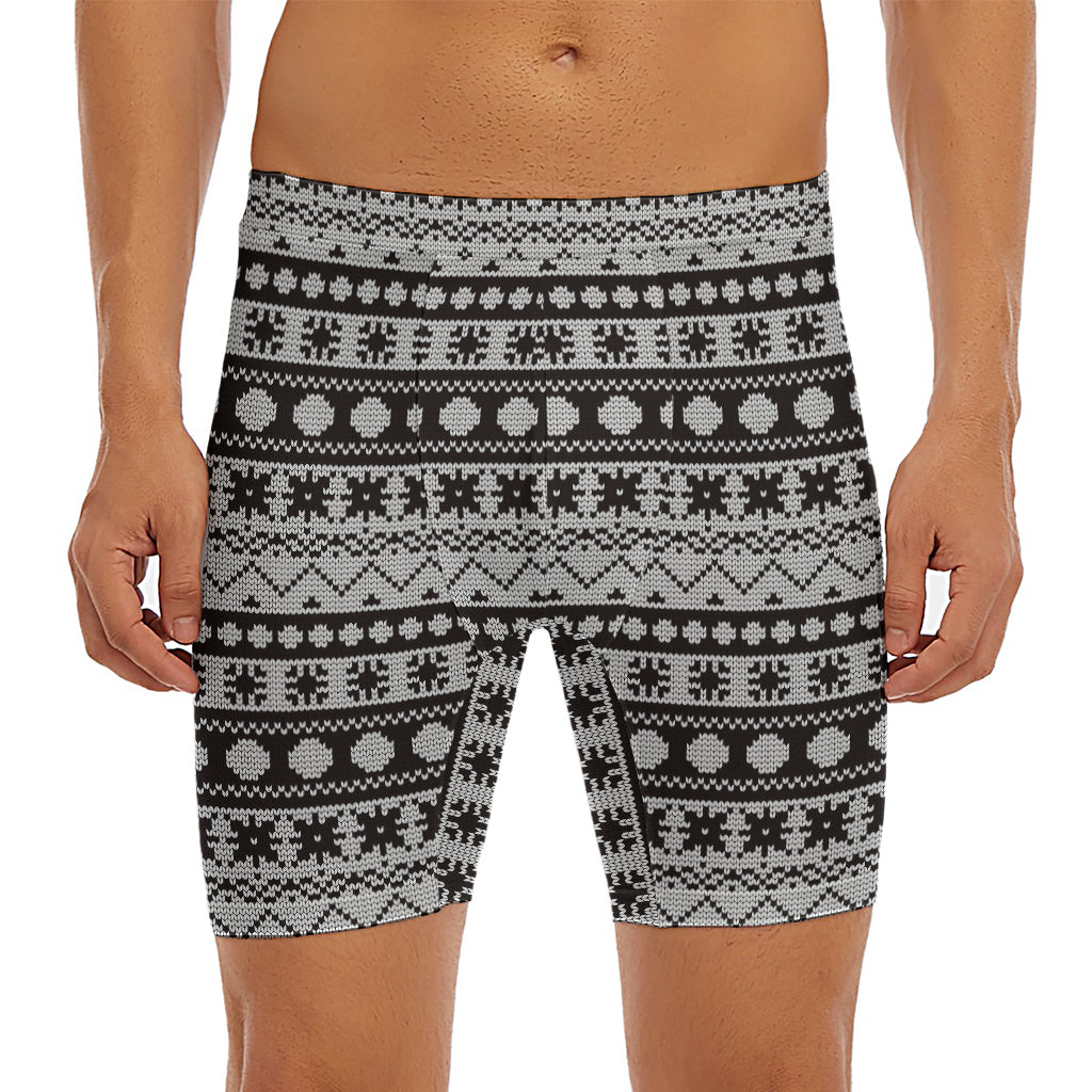 White And Black Knitted Pattern Print Men's Long Boxer Briefs
