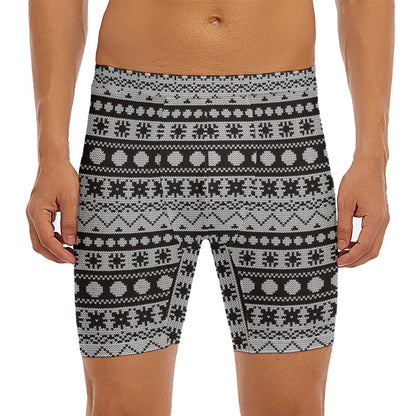 White And Black Knitted Pattern Print Men's Long Boxer Briefs